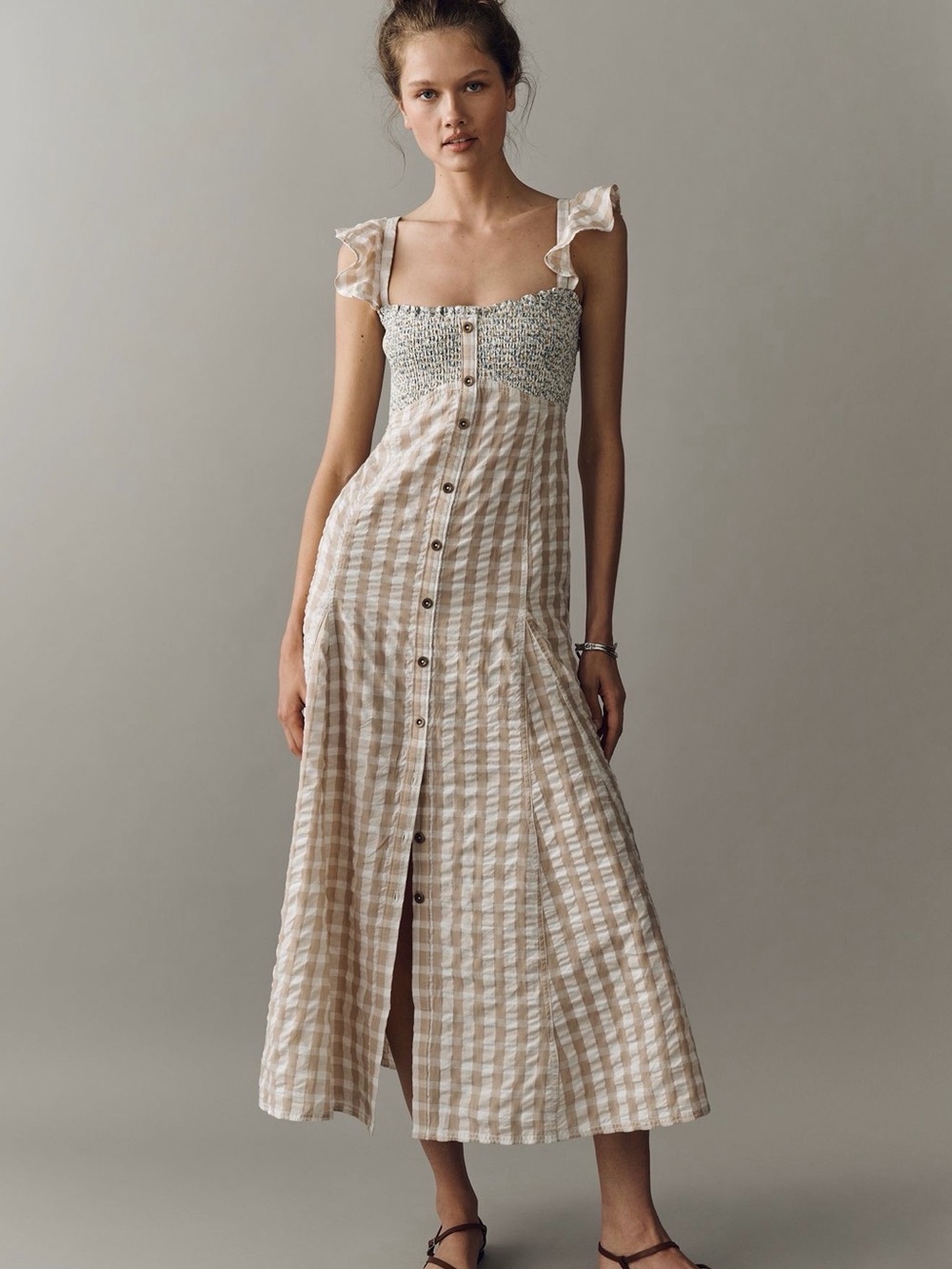 Anthropologie Pilcro Beige & White Gingham Smocked Midi Dress